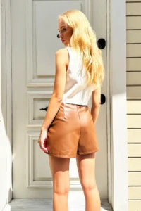 Trend Alaçatı Stili Women's Tan High Waist Double Pocket Faux Leather Shorts Alc-X12699 - Image 6