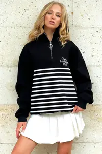Trend Alaçatı Stili Women's Black Raised Inside Printed Zipper Sweatshirt