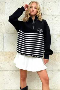 Trend Alaçatı Stili Women's Black Raised Inside Printed Zipper Sweatshirt - Image 2