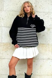 Trend Alaçatı Stili Women's Black Raised Inside Printed Zipper Sweatshirt - Image 3