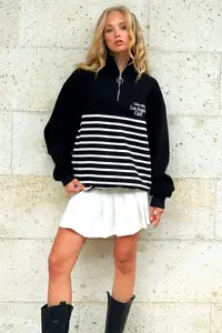 Trend Alaçatı Stili Women's Black Raised Inside Printed Zipper Sweatshirt - Image 5