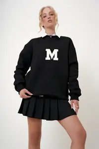 Trend Alaçatı Stili Women's Black Crew Neck Embroidered Oversized Sweatshirt - Image 5
