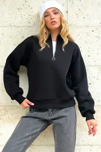 Trend Alaçatı Stili Women's Black Stand-Up Collar Zippered 3 Thread Crop Sweatshirt - Image 2