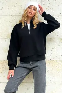 Trend Alaçatı Stili Women's Black Stand-Up Collar Zippered 3 Thread Crop Sweatshirt - Image 4