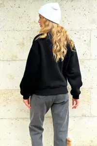 Trend Alaçatı Stili Women's Black Stand-Up Collar Zippered 3 Thread Crop Sweatshirt - Image 5