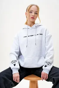 Trend Alaçatı Stili Women's Grimelange Hooded Front and Sleeves Embroidered 3 Thread Raised Sweatshirt - Image 2