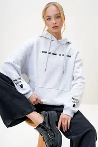 Trend Alaçatı Stili Women's Grimelange Hooded Front and Sleeves Embroidered 3 Thread Raised Sweatshirt - Image 5