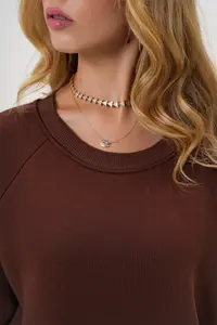 Trend Alaçatı Stili Women's Brown Crew Neck Raglan Sleeve Three Thread Rose Gold Basic Sweatshirt - Image 6
