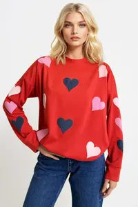 Trend Alaçatı Stili Women's Red Crew Neck Heart Printed 2 Thread Oversized Sweatshirt - Image 2