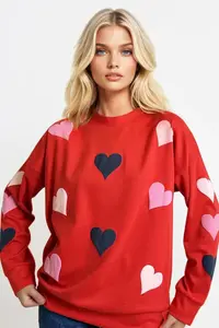 Trend Alaçatı Stili Women's Red Crew Neck Heart Printed 2 Thread Oversized Sweatshirt - Image 3