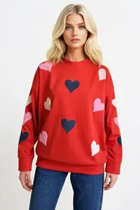 Trend Alaçatı Stili Women's Red Crew Neck Heart Printed 2 Thread Oversized Sweatshirt - Image 4