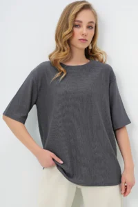 Trend Alaçatı Stili Women's Anthracite Crew Neck Textured Basic T-Shirt