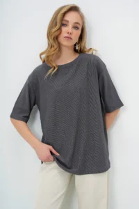 Trend Alaçatı Stili Women's Anthracite Crew Neck Textured Basic T-Shirt - Image 2