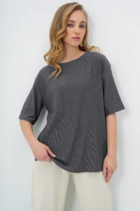 Trend Alaçatı Stili Women's Anthracite Crew Neck Textured Basic T-Shirt - Image 3