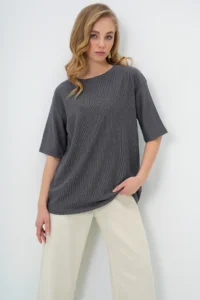 Trend Alaçatı Stili Women's Anthracite Crew Neck Textured Basic T-Shirt - Image 4