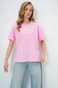 Trend Alaçatı Stili Women Pink Crew Neck Basic T-Shirt - Image 2