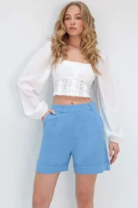 Trend Alaçatı Stili Women's Blue Double Pocket Double Leg Hidden Zipper Linen Shorts Alc-X13767
