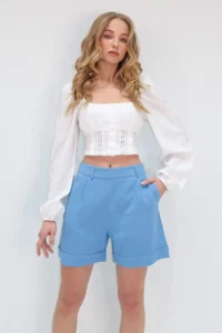 Trend Alaçatı Stili Women's Blue Double Pocket Double Leg Hidden Zipper Linen Shorts Alc-X13767 - Image 3