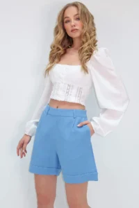 Trend Alaçatı Stili Women's Blue Double Pocket Double Leg Hidden Zipper Linen Shorts Alc-X13767 - Image 4