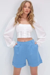 Trend Alaçatı Stili Women's Blue Double Pocket Double Leg Hidden Zipper Linen Shorts Alc-X13767 - Image 5