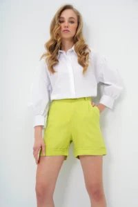 Trend Alaçatı Stili Women's Oil Green Double Pocket Double Leg Hidden Zipper Linen Shorts Alc-X13767