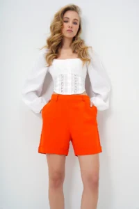 Trend Alaçatı Stili Women's Orange Double Pocket Double Leg Hidden Zipper Linen Shorts Alc-X13767 - Image 3