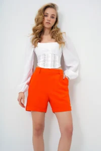 Trend Alaçatı Stili Women's Orange Double Pocket Double Leg Hidden Zipper Linen Shorts Alc-X13767 - Image 5