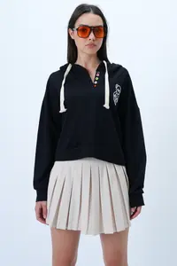 Trend Alaçatı Stili Women's Black Hooded Teddy Bear Embroidered Colorful Buttoned Cotton Sweatshirt