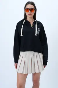 Trend Alaçatı Stili Women's Black Hooded Teddy Bear Embroidered Colorful Buttoned Cotton Sweatshirt - Image 2