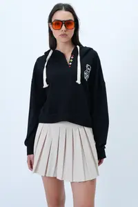 Trend Alaçatı Stili Women's Black Hooded Teddy Bear Embroidered Colorful Buttoned Cotton Sweatshirt - Image 6