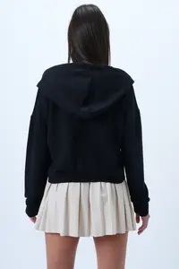 Trend Alaçatı Stili Women's Black Hooded Teddy Bear Embroidered Colorful Buttoned Cotton Sweatshirt - Image 7