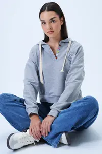 Trend Alaçatı Stili Women's Gray Hooded Teddy Bear Embroidered Colorful Buttoned Cotton Sweatshirt - Image 3