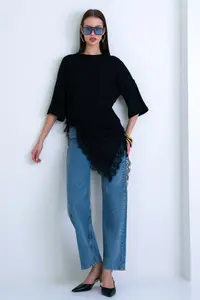 Trend Alaçatı Stili Black Oversized Lace Kombine T-Shirt