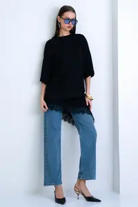 Trend Alaçatı Stili Black Oversized Lace Kombine T-Shirt - Image 5
