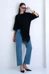 Trend Alaçatı Stili Black Oversized Lace Kombine T-Shirt - Image 7