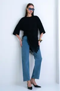 Trend Alaçatı Stili Black Oversized Lace Kombine T-Shirt - Image 8