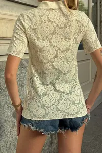 Trend Alaçatı Stili Yellow Polo Shirt Collar Half Patch Buttoned Lace T-Shirt - Image 5
