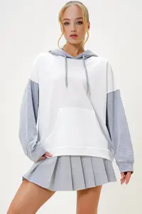 Trend Alaçatı Stili Women's Ecru Raised Color Blocked Oversized Hooded Sweatshirt
