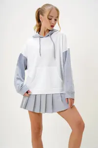 Trend Alaçatı Stili Women's Ecru Raised Color Blocked Oversized Hooded Sweatshirt - Image 2