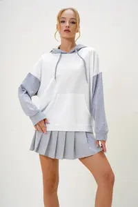 Trend Alaçatı Stili Women's Ecru Raised Color Blocked Oversized Hooded Sweatshirt - Image 4
