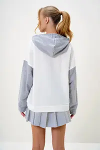Trend Alaçatı Stili Women's Ecru Raised Color Blocked Oversized Hooded Sweatshirt - Image 5