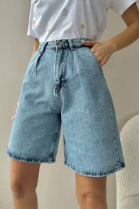 Trend Alaçatı Stili Women's Light Blue High Waist Wide Leg Bermuda Denim Shorts - Image 2