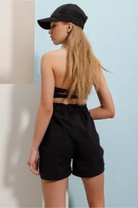 Trend Alaçatı Stili Women's Black Elastic Waist Belt Double Pocket Double Leg Denim Shorts - Image 7