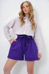 Trend Alaçatı Stili Women's Purple Waist Elastic Belted Double Pocket Double Leg Carrot Gabardine Shorts