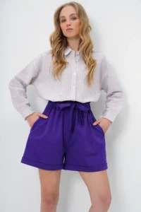 Trend Alaçatı Stili Women's Purple Waist Elastic Belted Double Pocket Double Leg Carrot Gabardine Shorts - Image 2