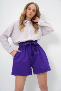 Trend Alaçatı Stili Women's Purple Waist Elastic Belted Double Pocket Double Leg Carrot Gabardine Shorts - Image 3
