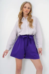 Trend Alaçatı Stili Women's Purple Waist Elastic Belted Double Pocket Double Leg Carrot Gabardine Shorts - Image 4