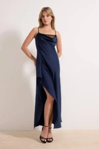 TRENDYOLMİLLA Navy Blue Lace Detailed Weaving Satin Midi Elegant/Evening Dress - Image 2