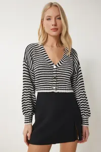 Happiness İstanbul Women's Black Cream Openwork Buttoned Crop Knitwear Cardigan - Image 2