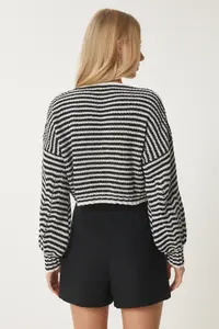 Happiness İstanbul Women's Black Cream Openwork Buttoned Crop Knitwear Cardigan - Image 5